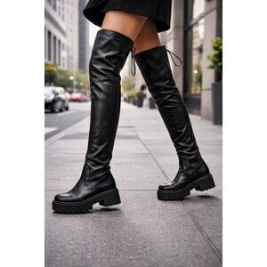 Stuart Weitzman Black Lowland Ultralift Over The Knee Lug Sole Boots
